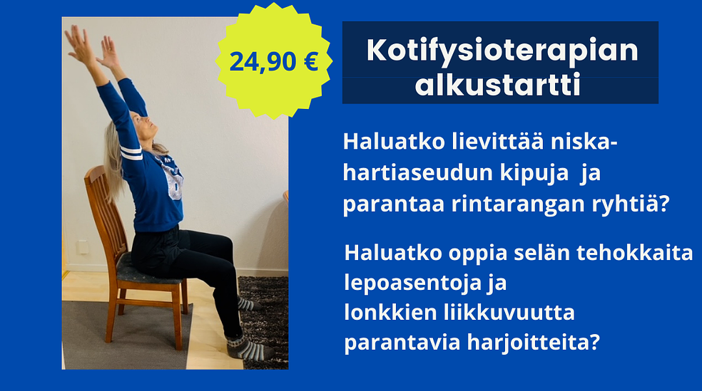 Kotifysioterapian alkustartti         Päähuomio rintarangan ryhdissä, lonkkien liikkuvuudessa ja alaselän rentoudessa by Fysioterapia Liikkeellä Oulu, Eira Malinen